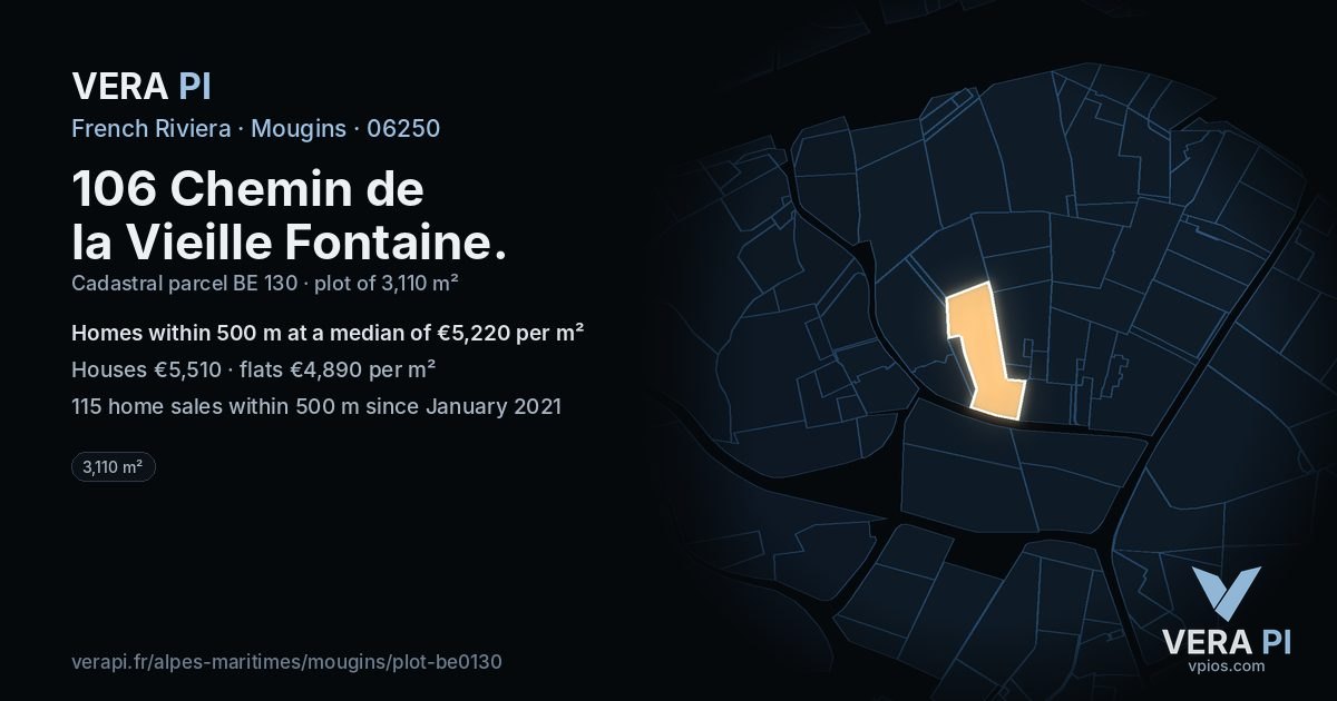 106 Chemin de la Vieille Fontaine, Mougins at night – the plot lit, the parcels around coloured by the prices near them