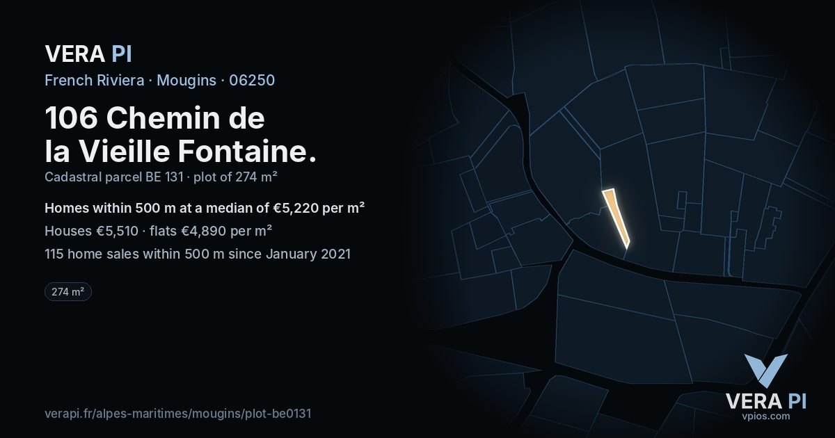 106 Chemin de la Vieille Fontaine, Mougins at night – the plot lit, the parcels around coloured by the prices near them