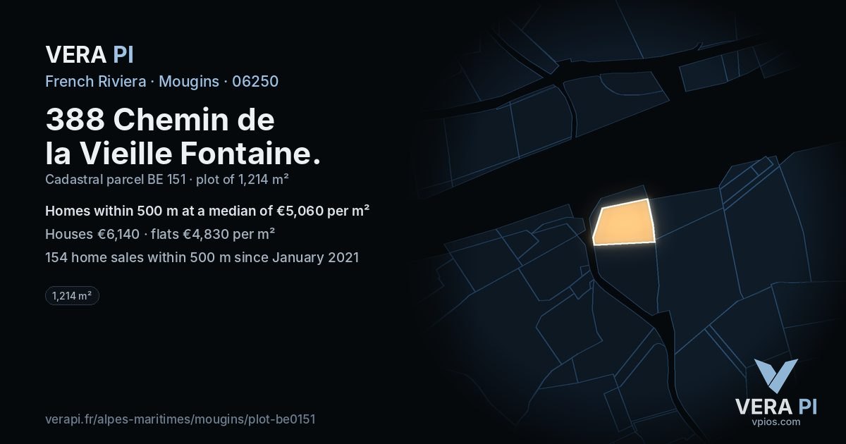 388 Chemin de la Vieille Fontaine, Mougins at night – the plot lit, the parcels around coloured by the prices near them