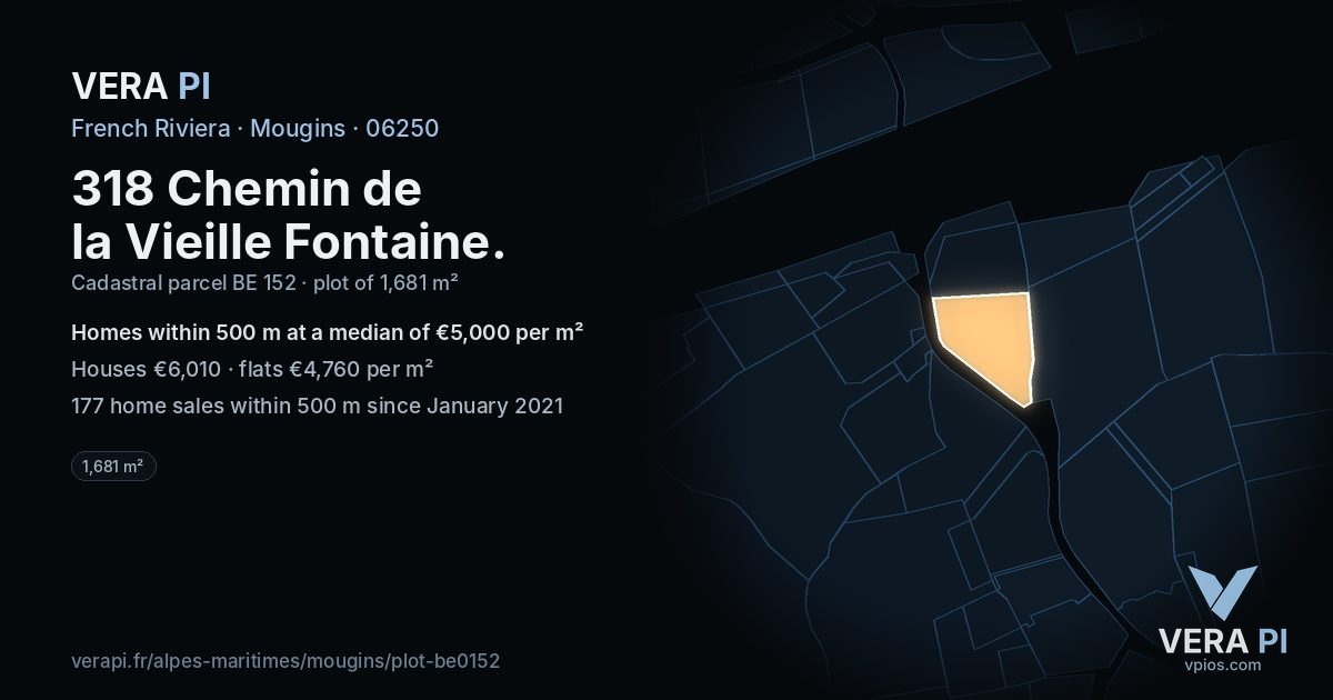 318 Chemin de la Vieille Fontaine, Mougins at night – the plot lit, the parcels around coloured by the prices near them
