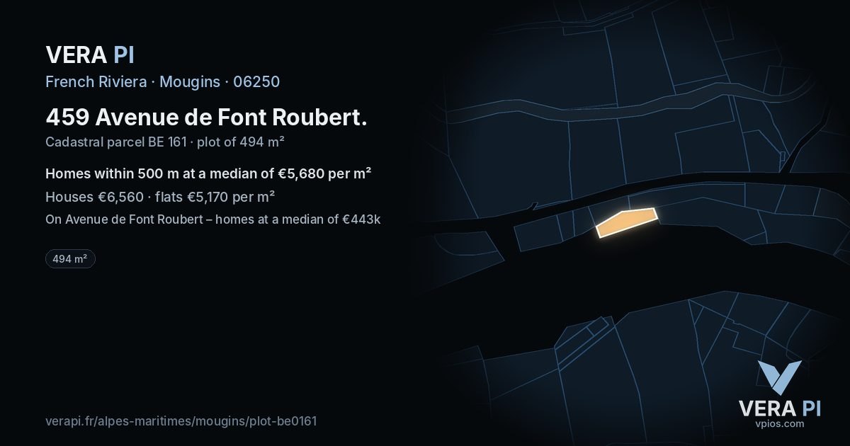 459 Avenue de Font Roubert, Mougins at night – the plot lit, the parcels around coloured by the prices near them