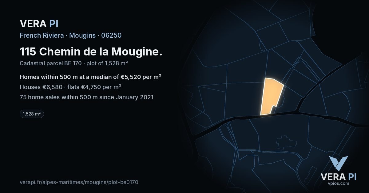 115 Chemin de la Mougine, Mougins at night – the plot lit, the parcels around coloured by the prices near them