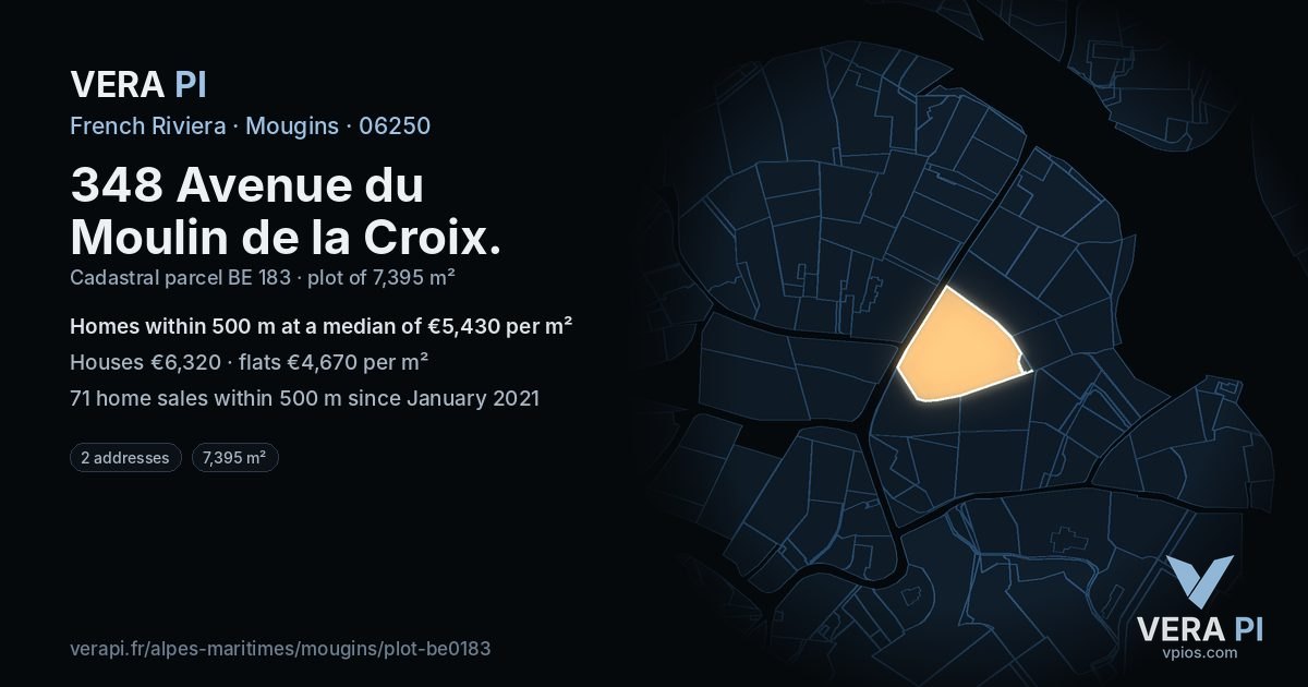 348 Avenue du Moulin de la Croix, Mougins at night – the plot lit, the parcels around coloured by the prices near them