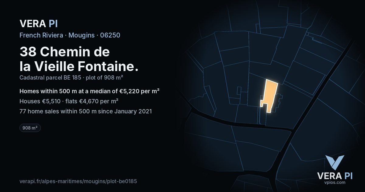 38 Chemin de la Vieille Fontaine, Mougins at night – the plot lit, the parcels around coloured by the prices near them