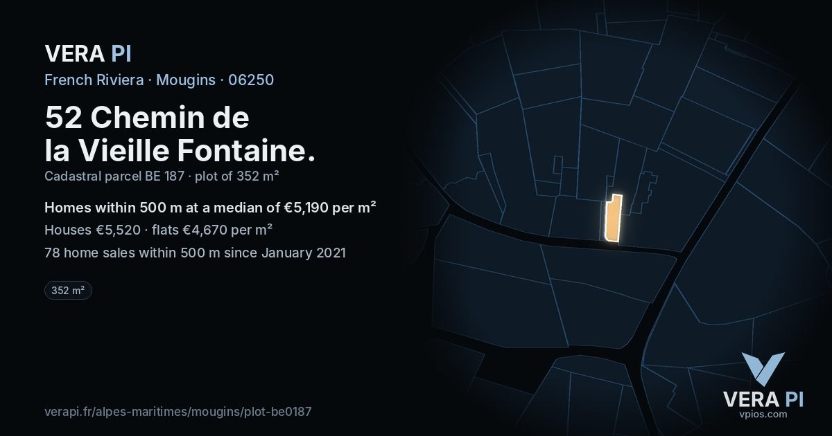 52 Chemin de la Vieille Fontaine, Mougins at night – the plot lit, the parcels around coloured by the prices near them