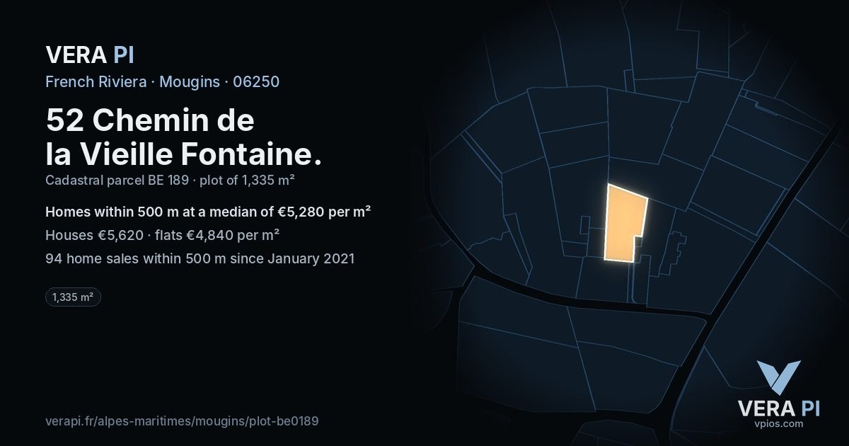 52 Chemin de la Vieille Fontaine, Mougins at night – the plot lit, the parcels around coloured by the prices near them