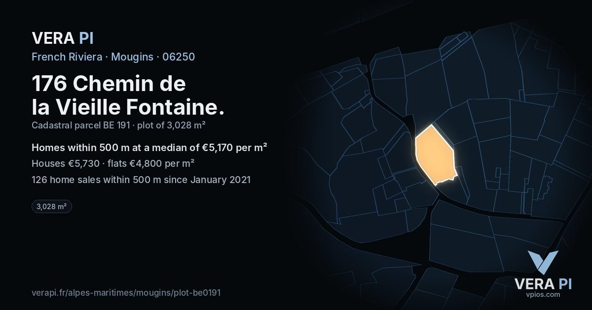 176 Chemin de la Vieille Fontaine, Mougins at night – the plot lit, the parcels around coloured by the prices near them