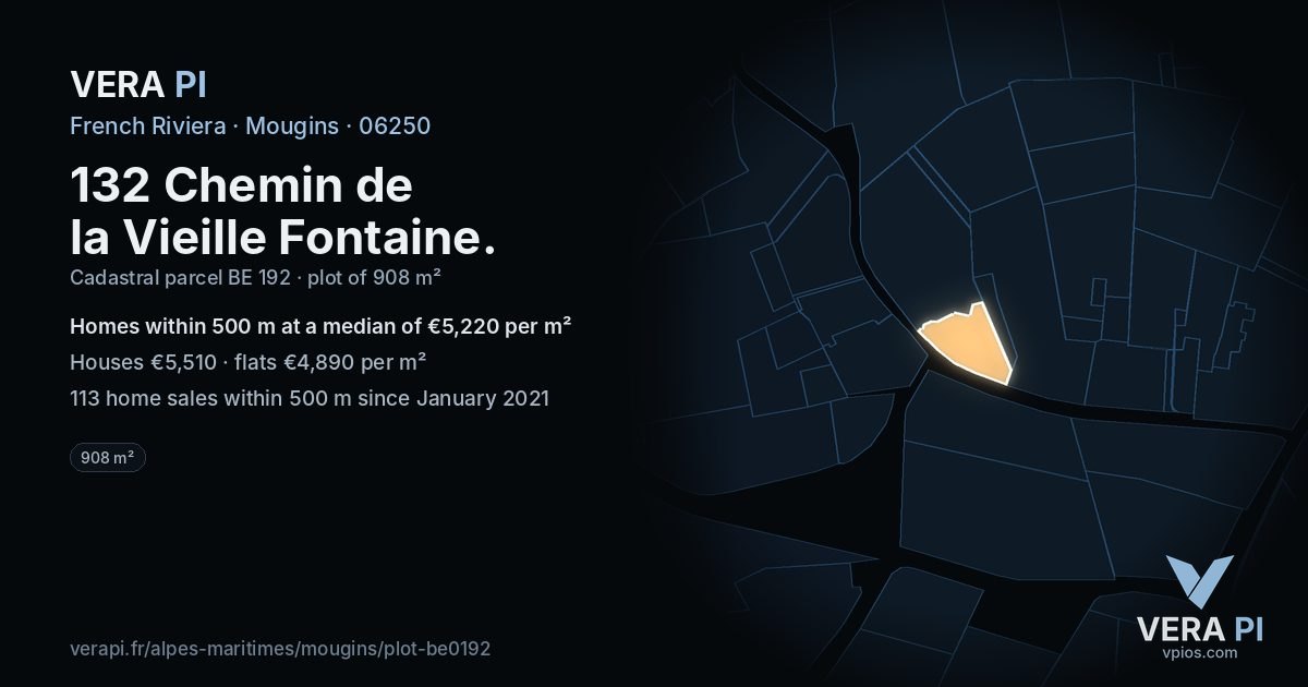 132 Chemin de la Vieille Fontaine, Mougins at night – the plot lit, the parcels around coloured by the prices near them