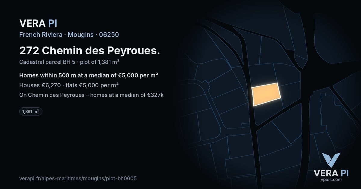 272 Chemin des Peyroues, Mougins at night – the plot lit, the parcels around coloured by the prices near them
