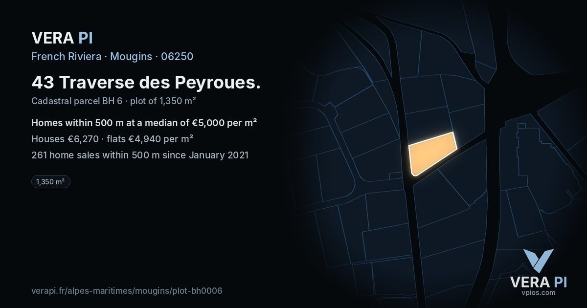 43 Traverse des Peyroues, Mougins at night – the plot lit, the parcels around coloured by the prices near them