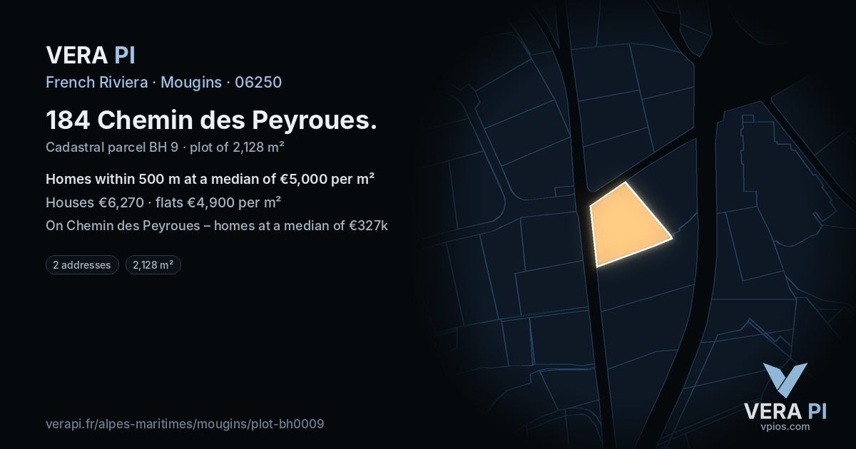 184 Chemin des Peyroues, Mougins at night – the plot lit, the parcels around coloured by the prices near them