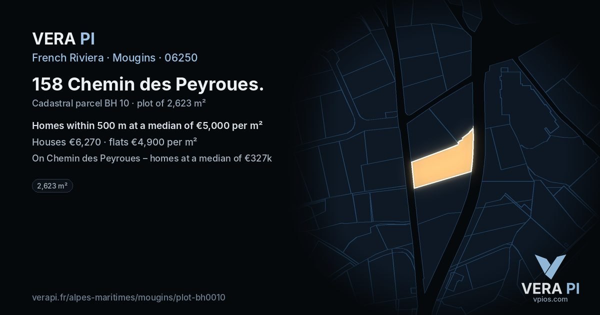 158 Chemin des Peyroues, Mougins at night – the plot lit, the parcels around coloured by the prices near them