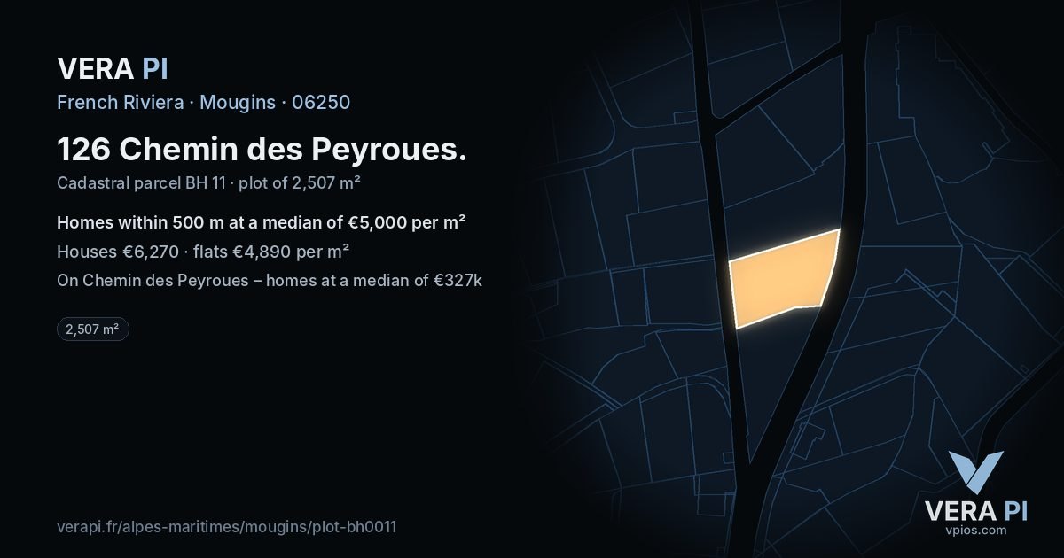 126 Chemin des Peyroues, Mougins at night – the plot lit, the parcels around coloured by the prices near them