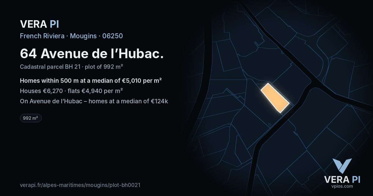 64 Avenue de l’Hubac, Mougins at night – the plot lit, the parcels around coloured by the prices near them