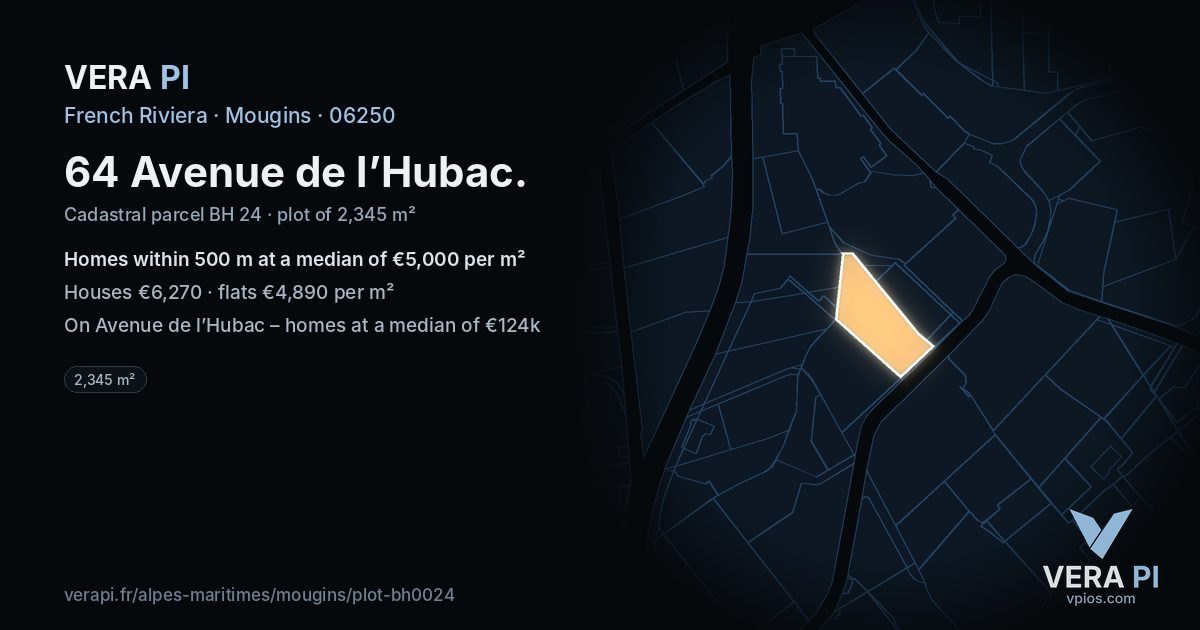 64 Avenue de l’Hubac, Mougins at night – the plot lit, the parcels around coloured by the prices near them