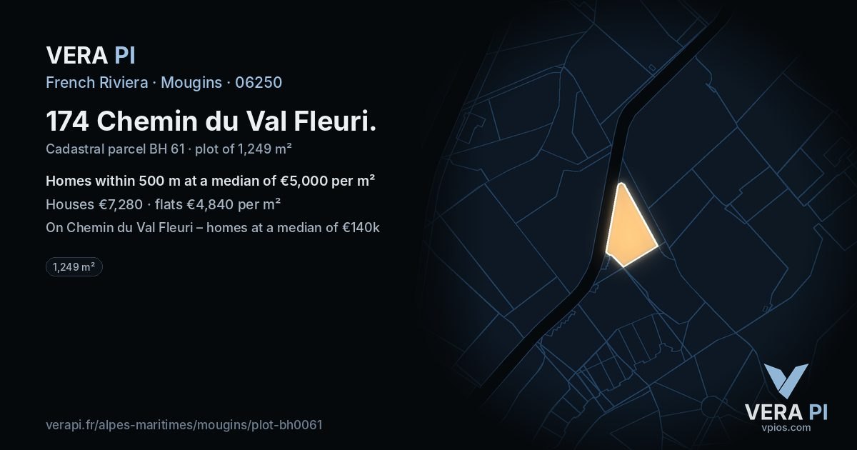174 Chemin du Val Fleuri, Mougins at night – the plot lit, the parcels around coloured by the prices near them