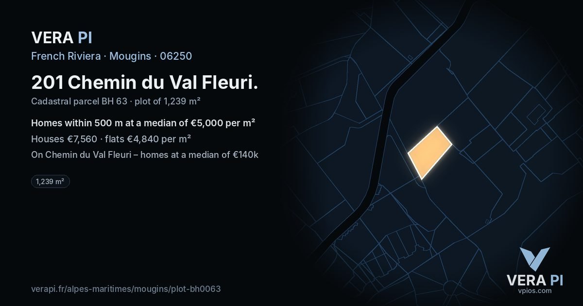 201 Chemin du Val Fleuri, Mougins at night – the plot lit, the parcels around coloured by the prices near them
