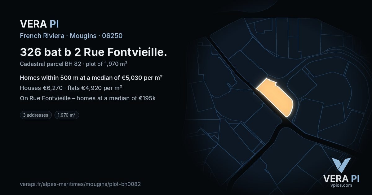 326 bat b 2 Rue Fontvieille, Mougins at night – the plot lit, the parcels around coloured by the prices near them