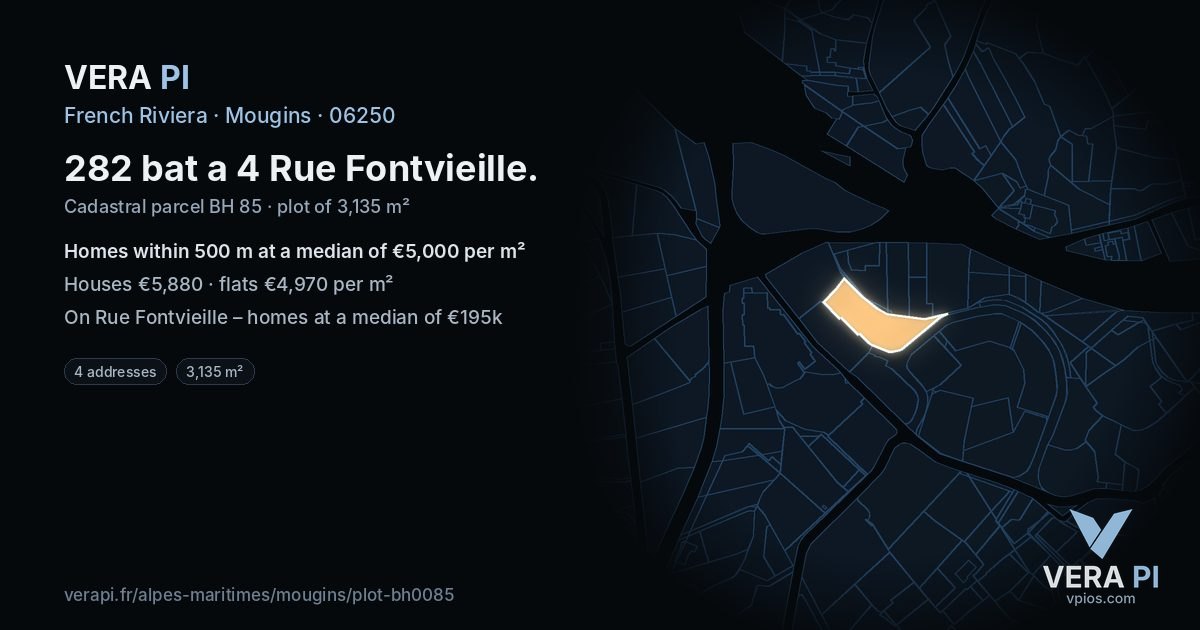 282 bat a 4 Rue Fontvieille, Mougins at night – the plot lit, the parcels around coloured by the prices near them
