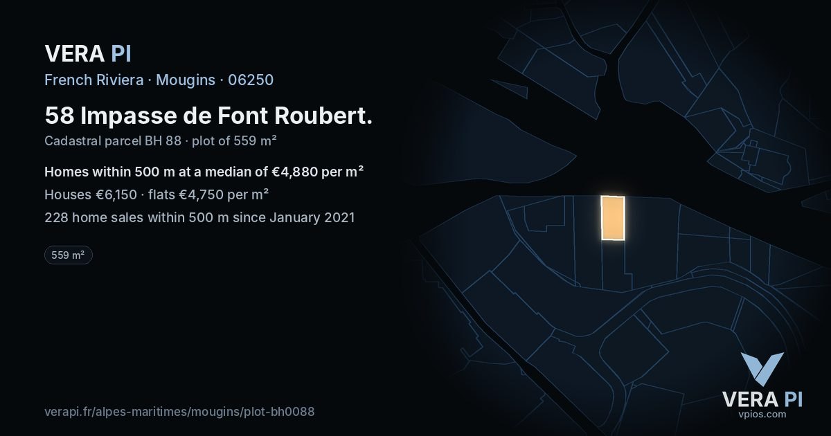 58 Impasse de Font Roubert, Mougins at night – the plot lit, the parcels around coloured by the prices near them