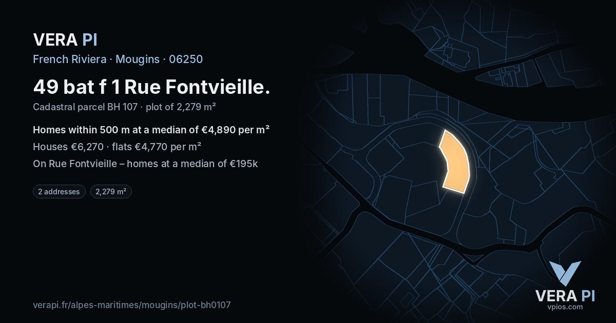 49 bat f 1 Rue Fontvieille, Mougins at night – the plot lit, the parcels around coloured by the prices near them