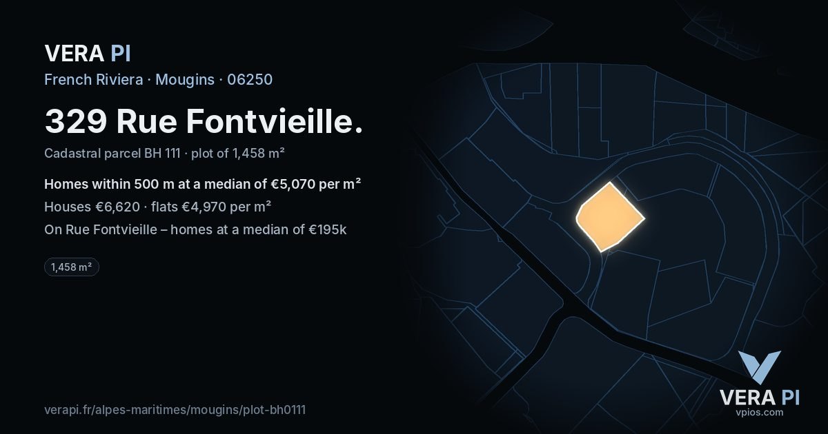 329 Rue Fontvieille, Mougins at night – the plot lit, the parcels around coloured by the prices near them