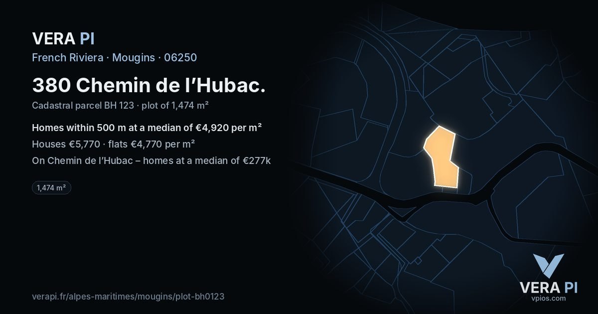 380 Chemin de l’Hubac, Mougins at night – the plot lit, the parcels around coloured by the prices near them