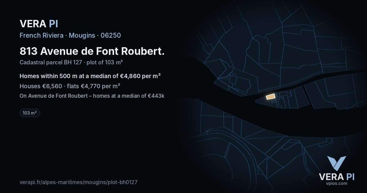 813 Avenue de Font Roubert, Mougins at night – the plot lit, the parcels around coloured by the prices near them