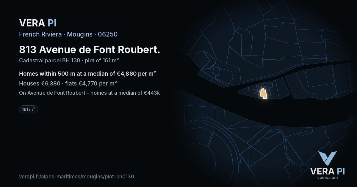 813 Avenue de Font Roubert, Mougins at night – the plot lit, the parcels around coloured by the prices near them