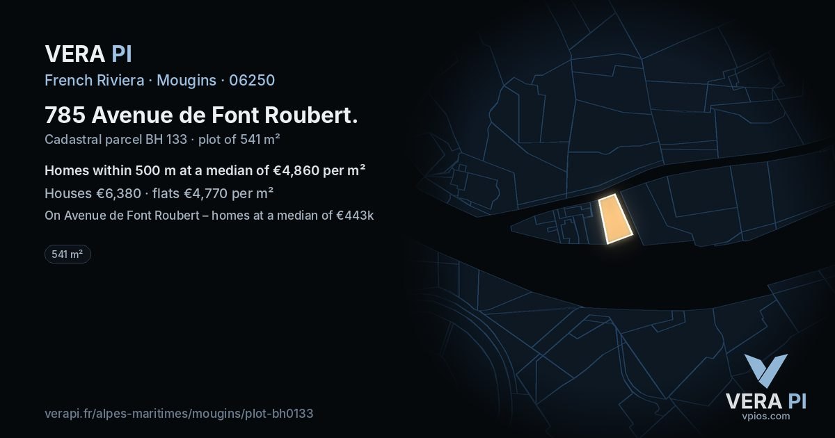 785 Avenue de Font Roubert, Mougins at night – the plot lit, the parcels around coloured by the prices near them