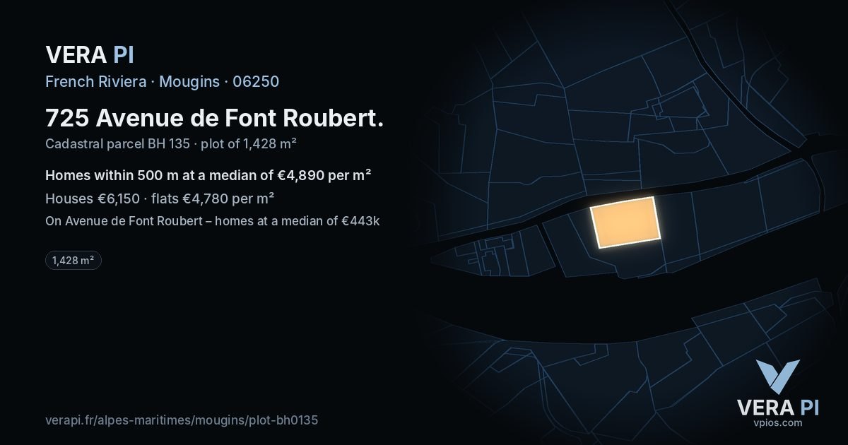 725 Avenue de Font Roubert, Mougins at night – the plot lit, the parcels around coloured by the prices near them