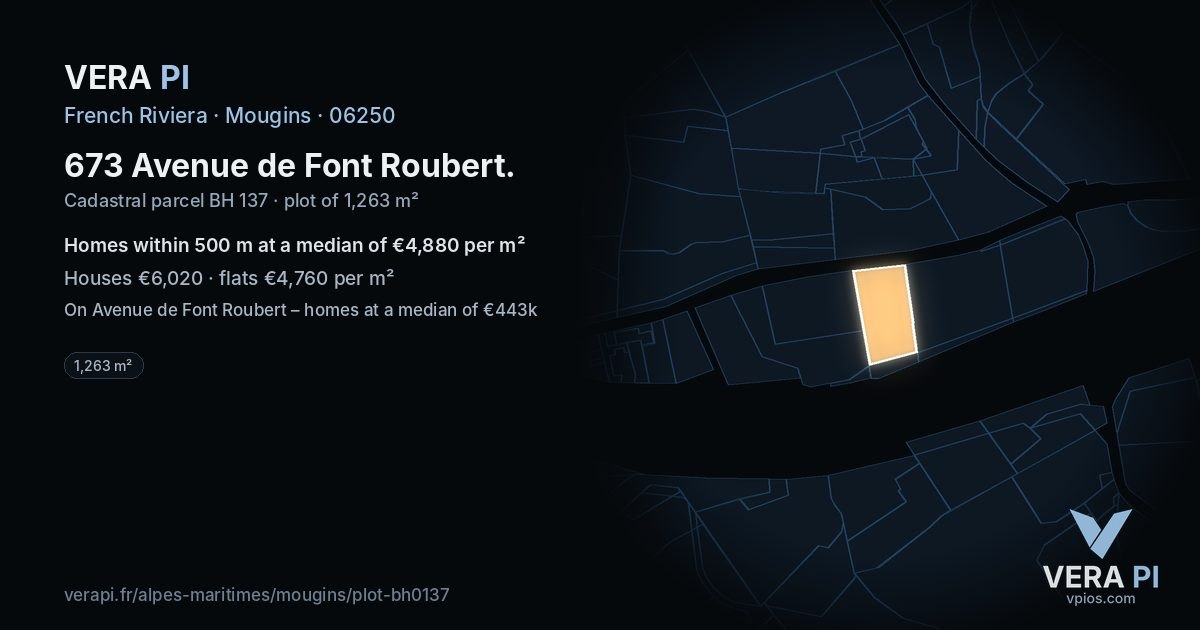 673 Avenue de Font Roubert, Mougins at night – the plot lit, the parcels around coloured by the prices near them