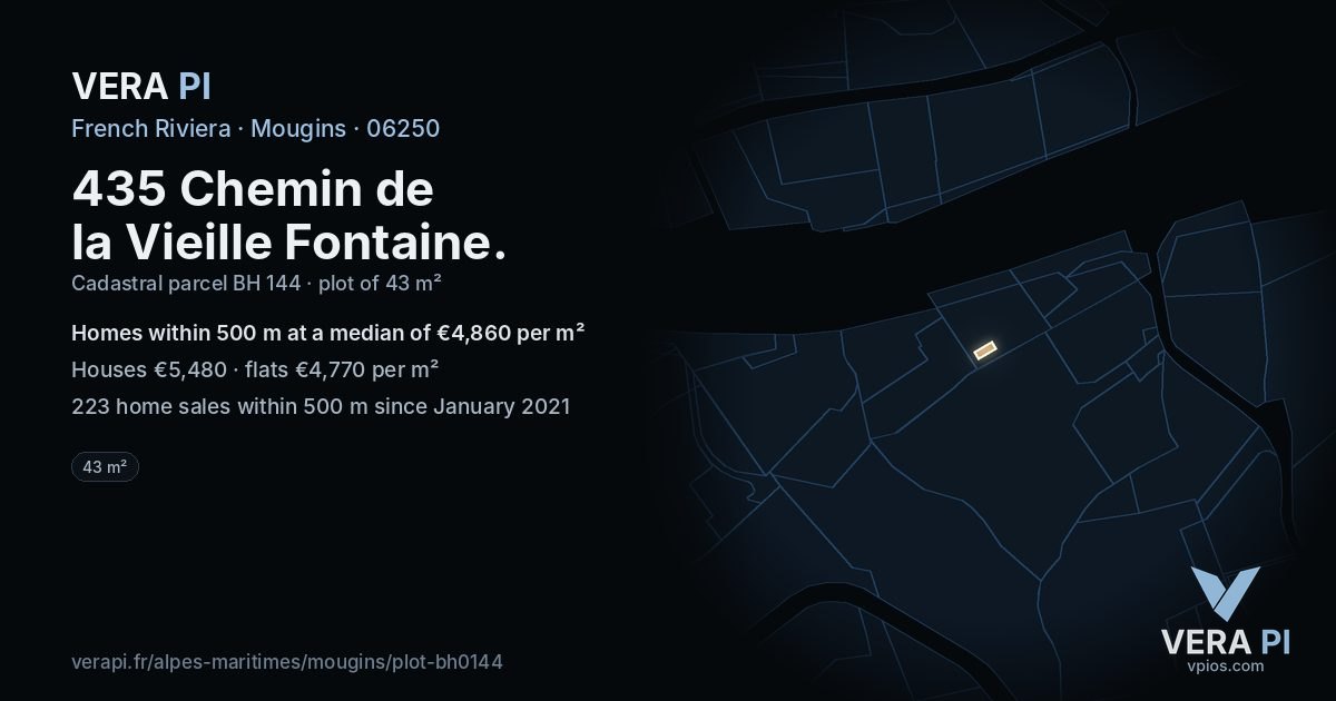 435 Chemin de la Vieille Fontaine, Mougins at night – the plot lit, the parcels around coloured by the prices near them