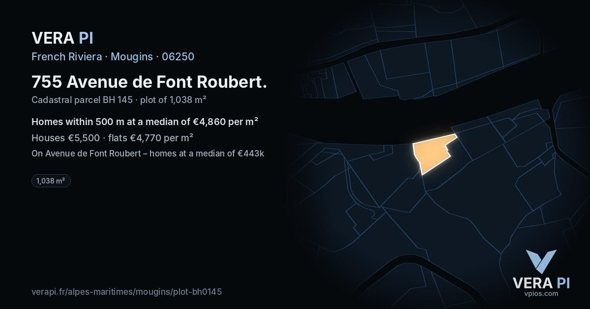 755 Avenue de Font Roubert, Mougins at night – the plot lit, the parcels around coloured by the prices near them