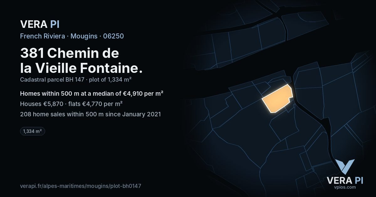381 Chemin de la Vieille Fontaine, Mougins at night – the plot lit, the parcels around coloured by the prices near them