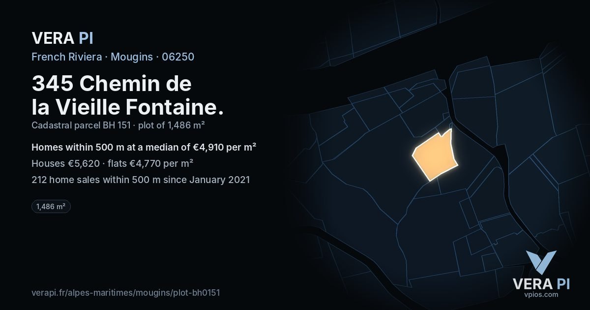 345 Chemin de la Vieille Fontaine, Mougins at night – the plot lit, the parcels around coloured by the prices near them