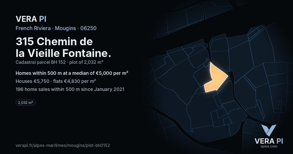 315 Chemin de la Vieille Fontaine, Mougins at night – the plot lit, the parcels around coloured by the prices near them