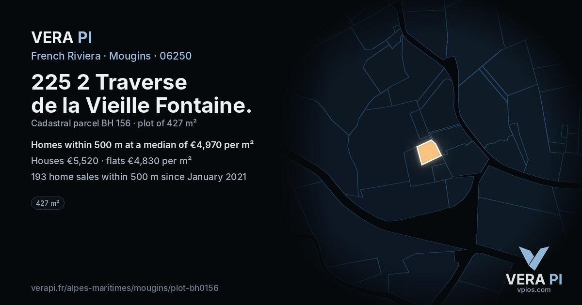 225 2 Traverse de la Vieille Fontaine, Mougins at night – the plot lit, the parcels around coloured by the prices near them