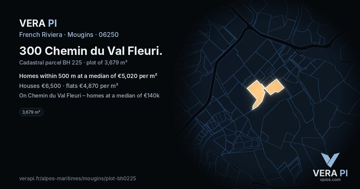 300 Chemin du Val Fleuri, Mougins at night – the plot lit, the parcels around coloured by the prices near them