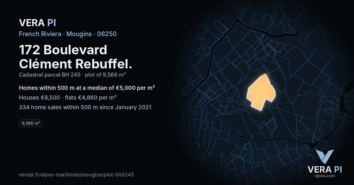 172 Boulevard Clément Rebuffel, Mougins at night – the plot lit, the parcels around coloured by the prices near them