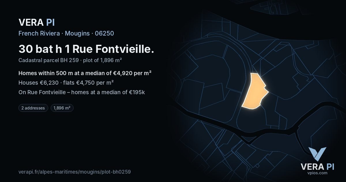 30 bat h 1 Rue Fontvieille, Mougins at night – the plot lit, the parcels around coloured by the prices near them