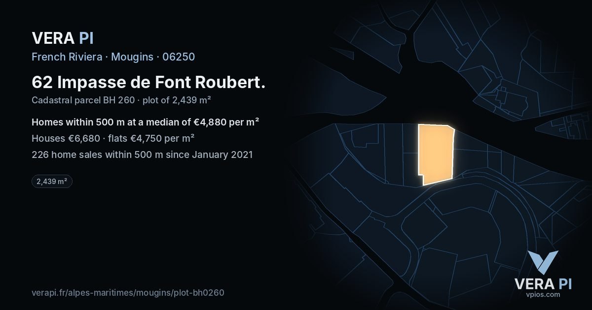 62 Impasse de Font Roubert, Mougins at night – the plot lit, the parcels around coloured by the prices near them