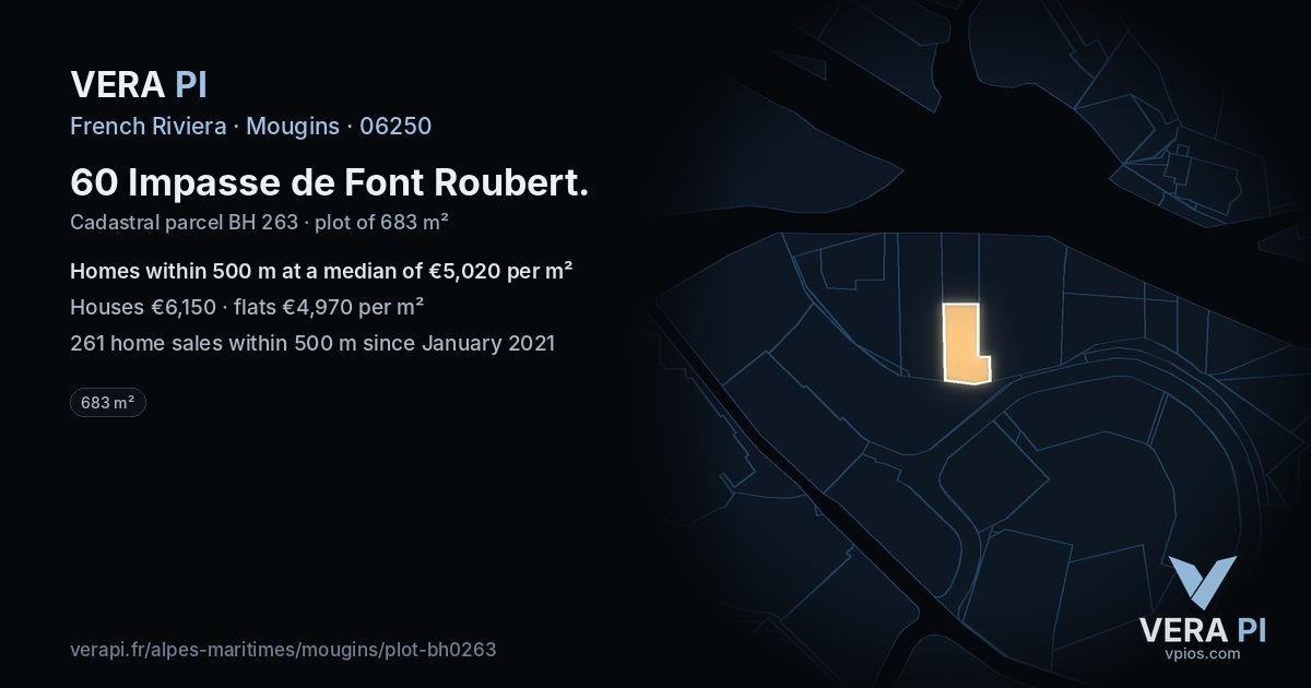 60 Impasse de Font Roubert, Mougins at night – the plot lit, the parcels around coloured by the prices near them