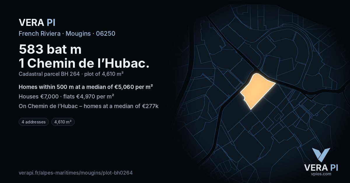583 bat m 1 Chemin de l’Hubac, Mougins at night – the plot lit, the parcels around coloured by the prices near them