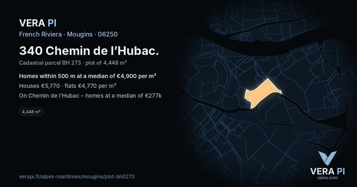 340 Chemin de l’Hubac, Mougins at night – the plot lit, the parcels around coloured by the prices near them