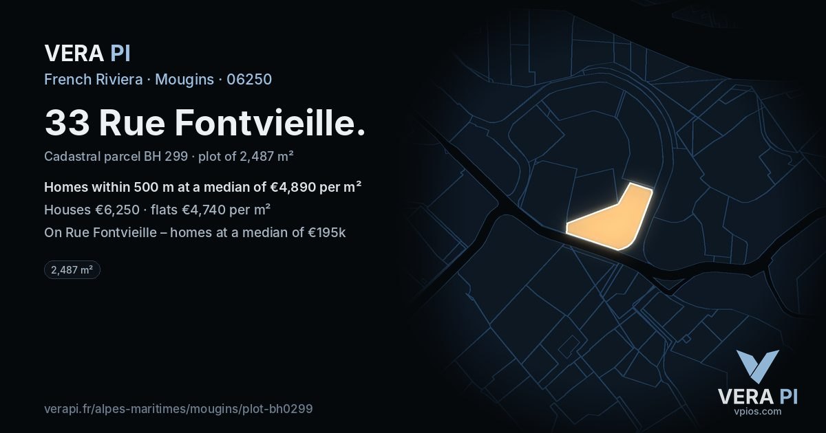 33 Rue Fontvieille, Mougins at night – the plot lit, the parcels around coloured by the prices near them
