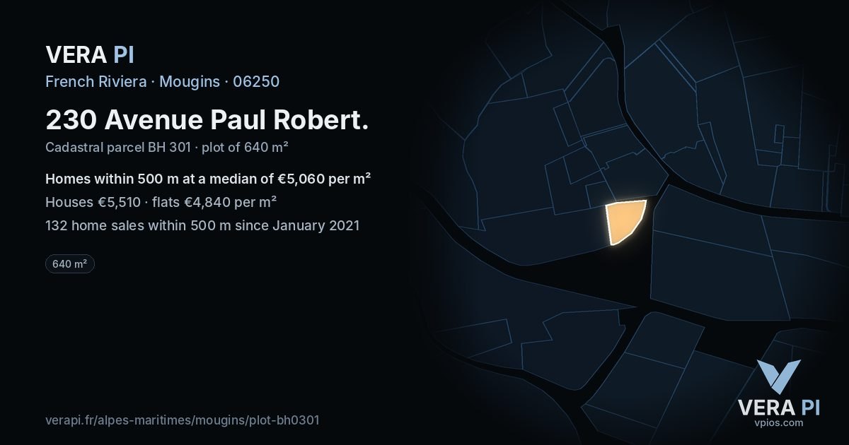 230 Avenue Paul Robert, Mougins at night – the plot lit, the parcels around coloured by the prices near them
