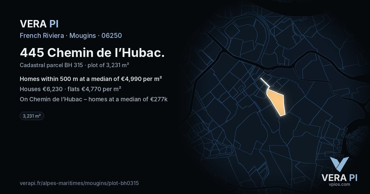 445 Chemin de l’Hubac, Mougins at night – the plot lit, the parcels around coloured by the prices near them
