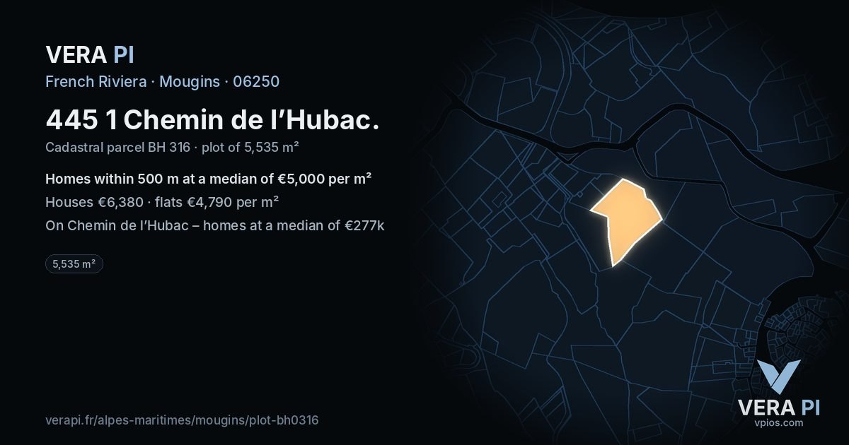 445 1 Chemin de l’Hubac, Mougins at night – the plot lit, the parcels around coloured by the prices near them