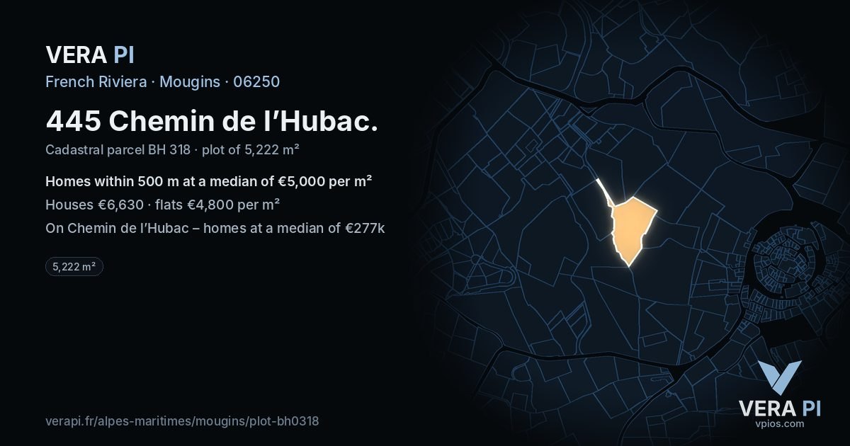 445 Chemin de l’Hubac, Mougins at night – the plot lit, the parcels around coloured by the prices near them
